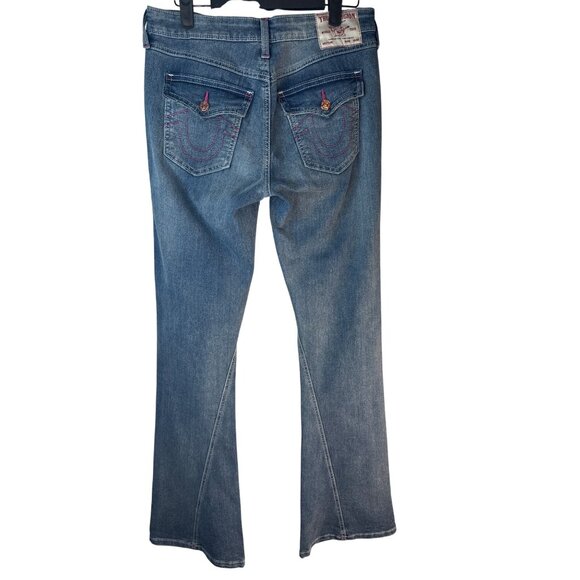 Joey True Religion Size 28 Mid Rise Flare Jeans Blue Denim With Red Stitching - Picture 3 of 13